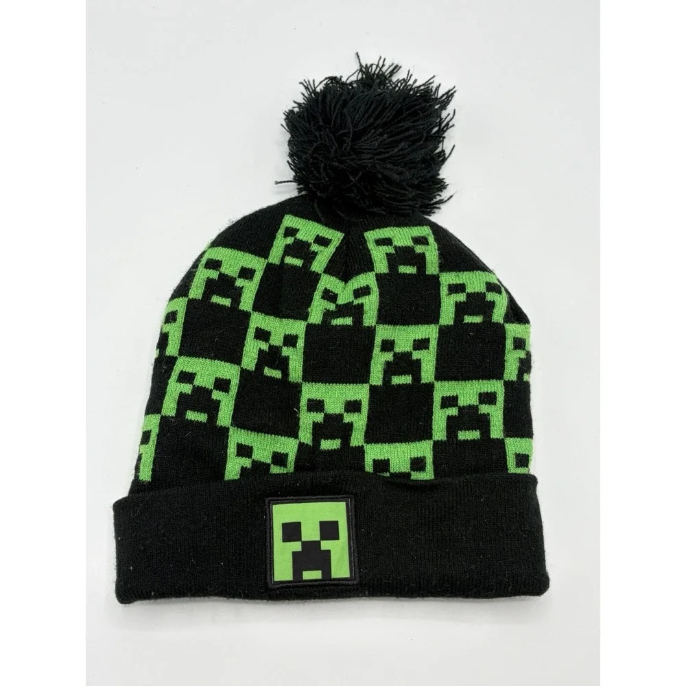Minecraft Creeper Beanie Hat Knit Pom Green Black Youth OSFM